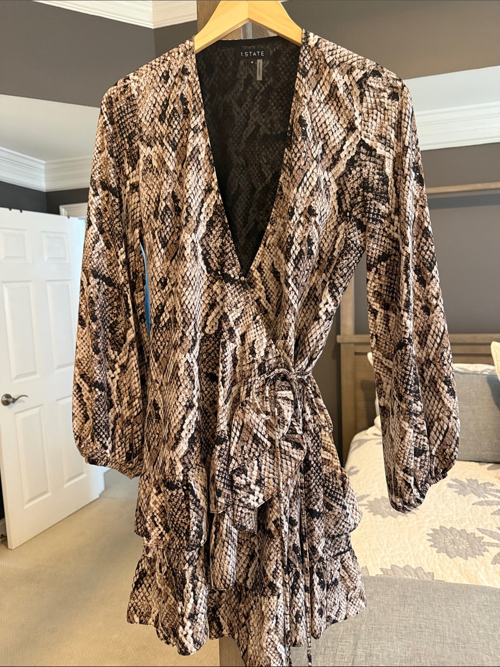 1.STATE Snake-Print Wrap Dress in Brown and Black